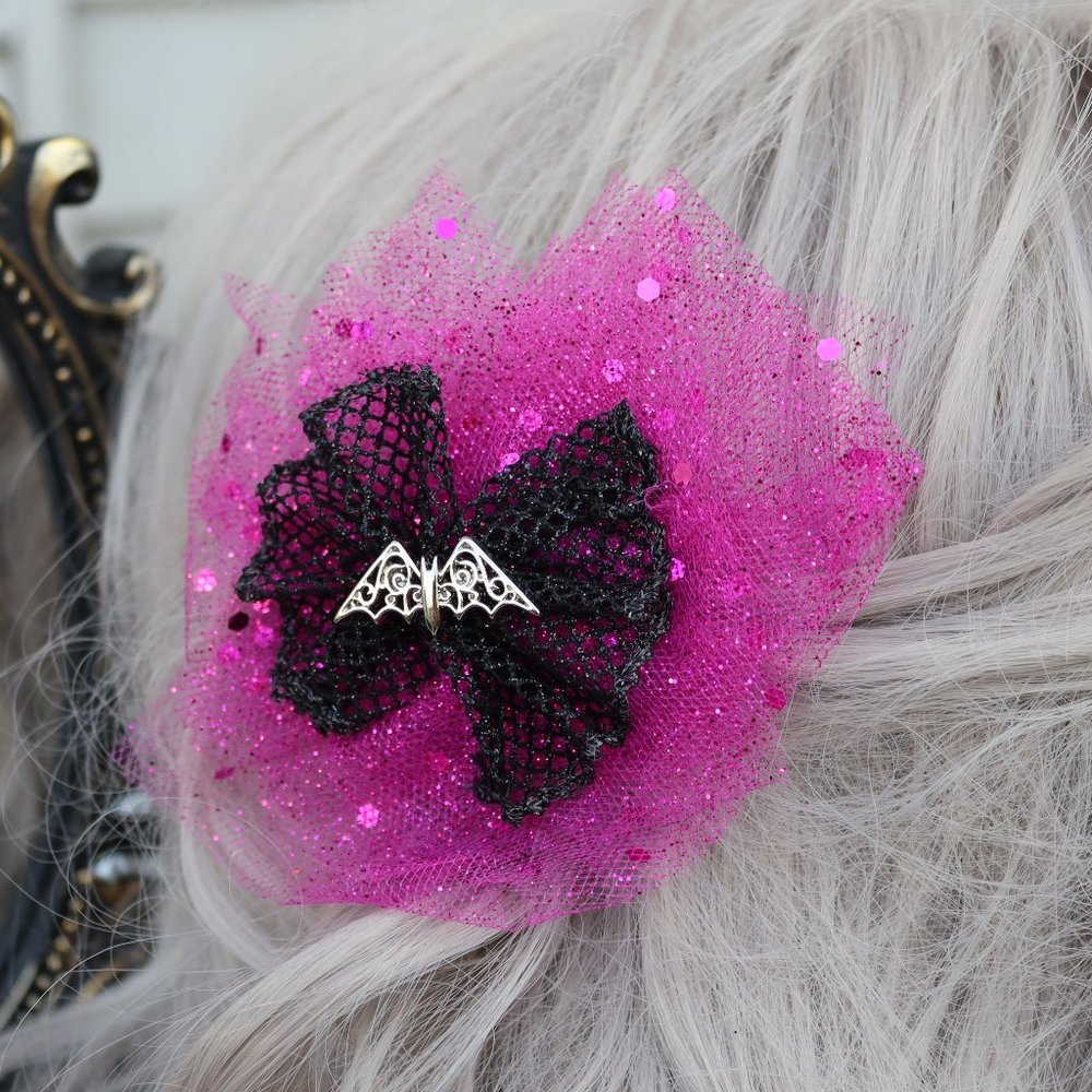 New Halloween Pink Batty Net Bow Clip - Hand Crafted Hot Pink & Black